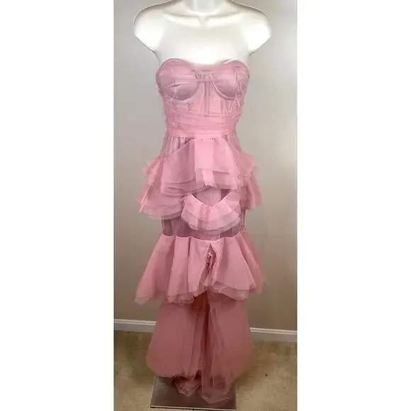 MICHAEL COSTELLO Alai Strapless Tiered Tulle Maxi Gown in Mauve Pink Size XS - Picture 3 of 11